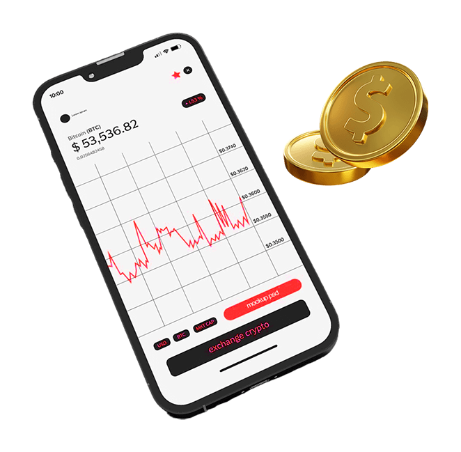 Prime Trade mobile app with BTC chart and floating coins